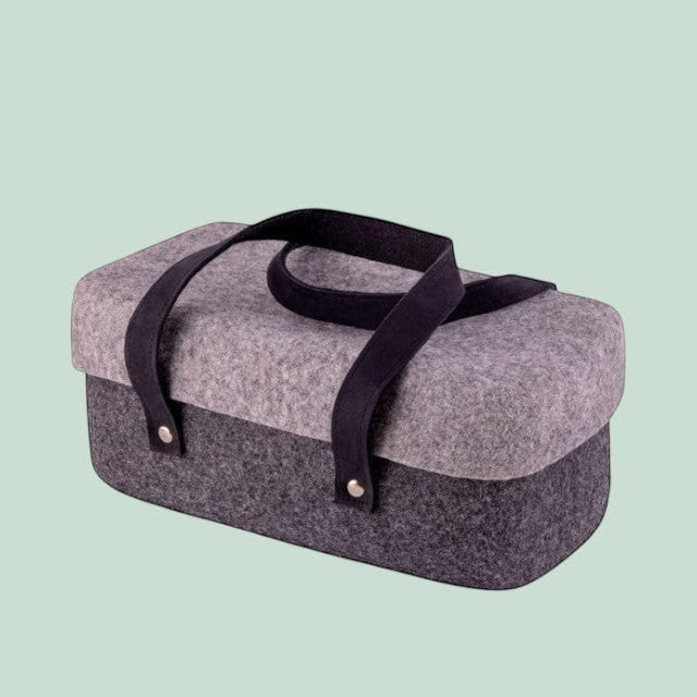 Baabuk dark grey and light grey wool beer cooler with black leather straps. Handmade in Nepal.