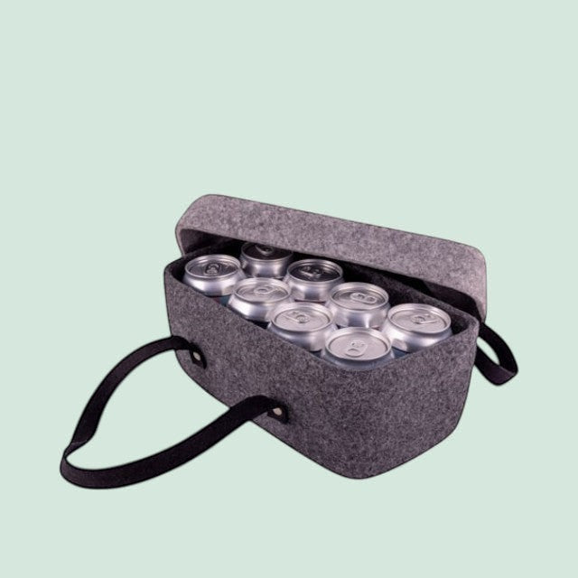 Baabuk dark grey wool beer cooler filled with 8 cans, featuring leather straps for carrying.