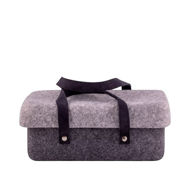 Baabuk dark grey and light grey wool beer cooler with black leather straps. Handmade in Nepal.