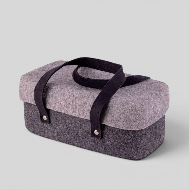 Baabuk dark grey and light grey wool beer cooler with black leather straps. Handmade in Nepal.
