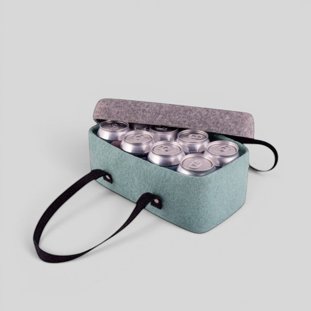 Baabuk light blue wool beer cooler with lid and handles, holding 8 beer cans.