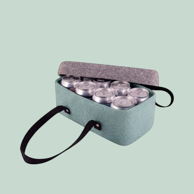 Baabuk light blue wool beer cooler with lid and handles, holding 8 beer cans.