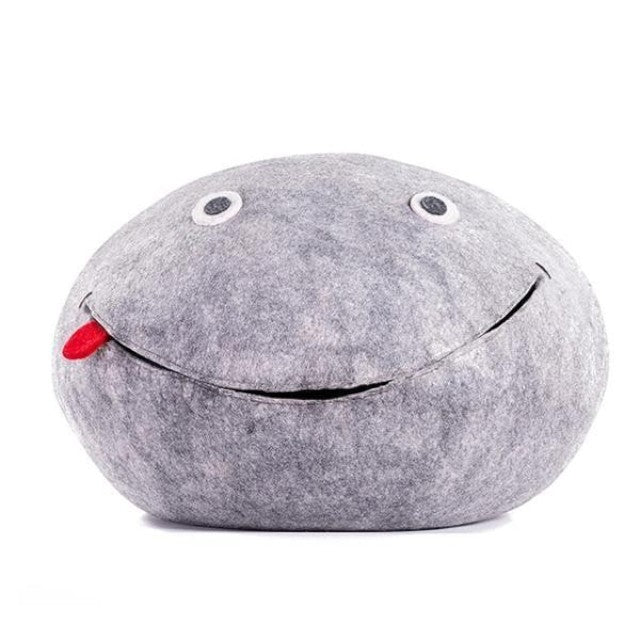 Baabuk grey wool Frogbuk storage container with hand-stitched frog face and red felt tongue, handmade in Nepal.