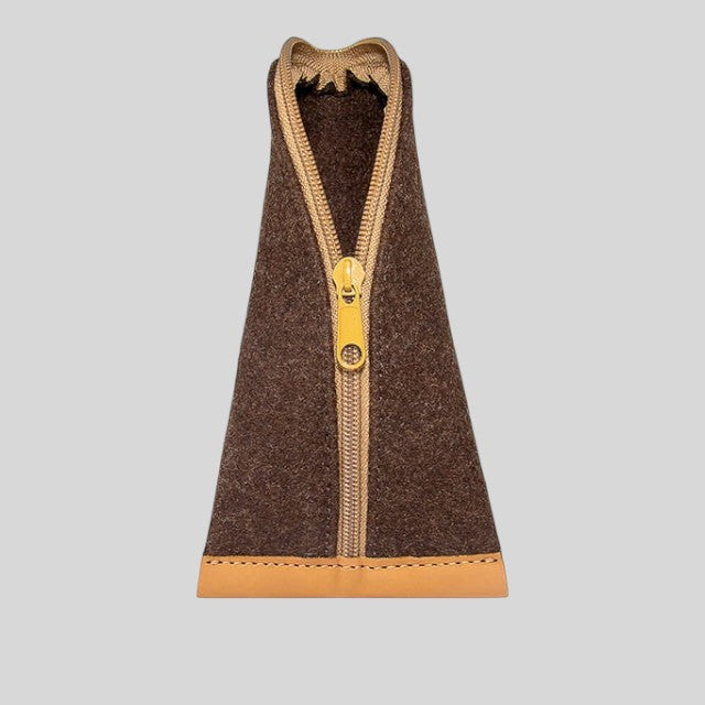 Baabuk brown wool pencil case with leather trim and yellow zipper closure. Sized for pencils, glasses, and accessories.