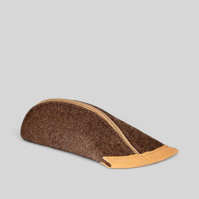 Baabuk brown wool pencil case with leather trim and zipper closure. Sized for pencils, glasses, and accessories.