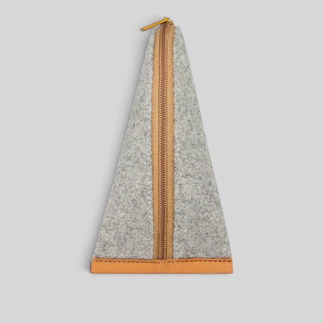 Baabuk grey wool pencil case with leather trim and yellow zipper closure. Designed in Switzerland, made in Portugal.