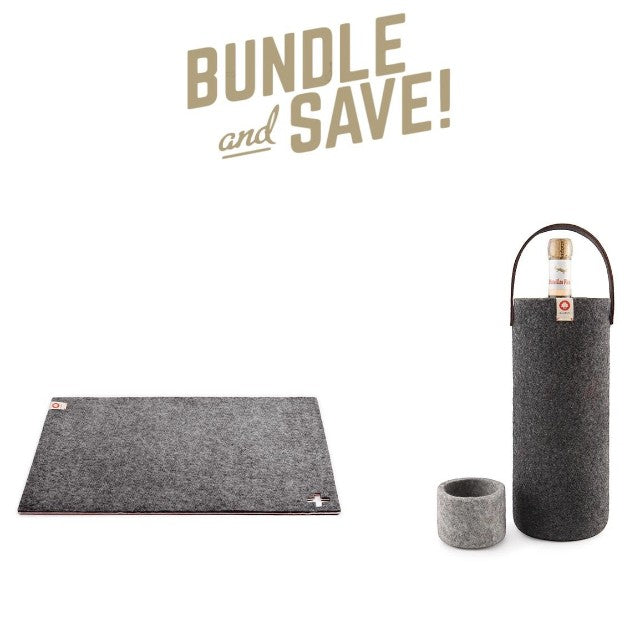 Baabuk dark grey wool placemat and matching wine cooler set with leather handle for dining table
