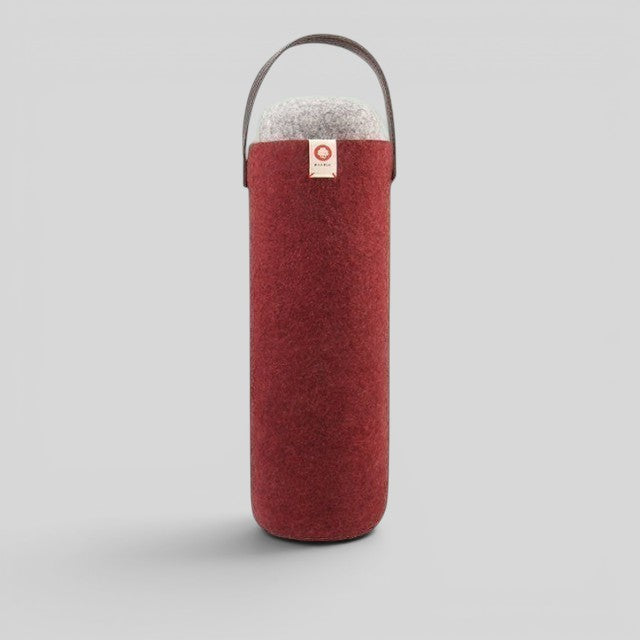 Baabuk red wool wine cooler with grey top and leather handle, keeps wine chilled for 4 hours.