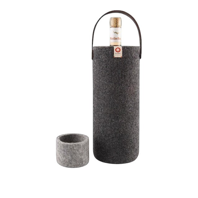 Baabuk dark grey wool wine cooler with leather handle and a separate wool coaster. Holds one wine bottle.
