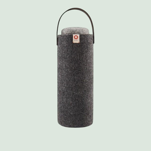 Baabuk dark grey wool wine cooler with leather handle, keeps wine chilled for up to 4 hours.