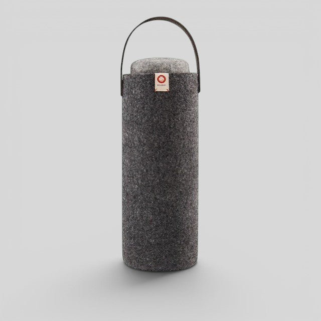 Baabuk dark grey wool wine cooler with leather handle, keeps wine chilled for up to 4 hours.