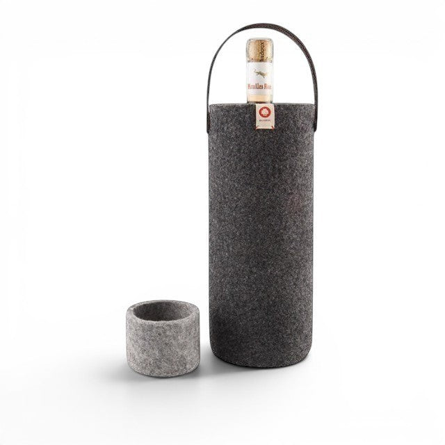 Baabuk dark grey wool wine cooler with a leather strap, keeping a wine bottle chilled for picnics and home use.