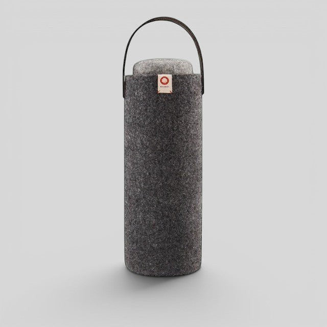Baabuk dark grey wool wine cooler with a leather carrying strap, designed for eco-friendly bottle insulation.