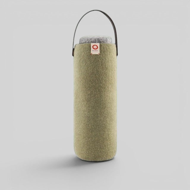 Baabuk khaki green wool wine cooler with leather strap and grey top detail. Handmade in Nepal.