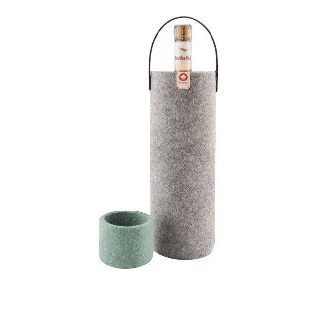 Baabuk light grey wool wine cooler with leather handle and a small mint green wool coaster.