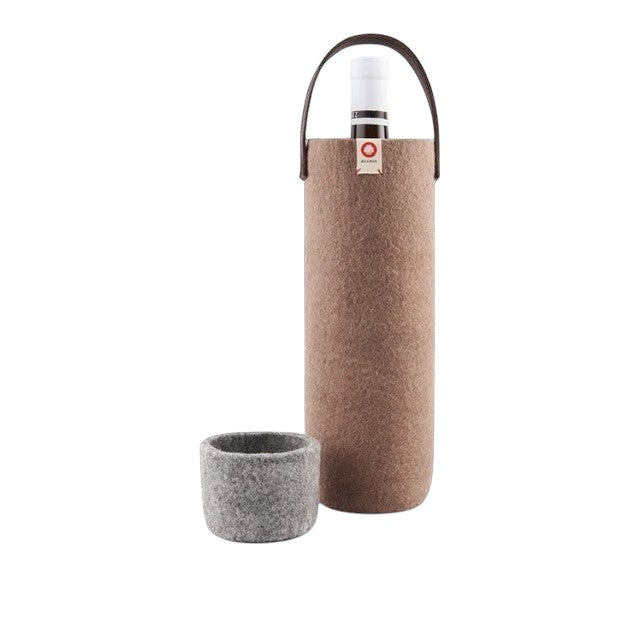 Baabuk Moka wool wine cooler with leather handle and a small grey wool coaster.