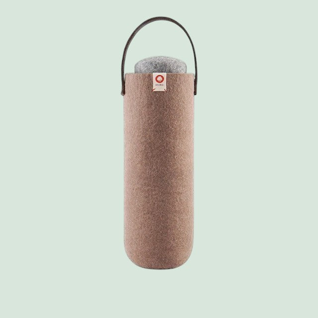 Baabuk Moka wool wine cooler with leather handle and grey wool lid, keeps wine chilled for 4 hours.