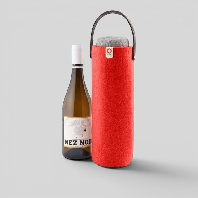 Baabuk red wool wine cooler with a leather strap, designed to keep wine bottles chilled without ice.