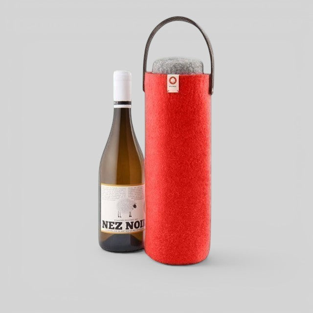 Baabuk red wool wine cooler with a leather strap, designed to keep wine bottles chilled without ice.