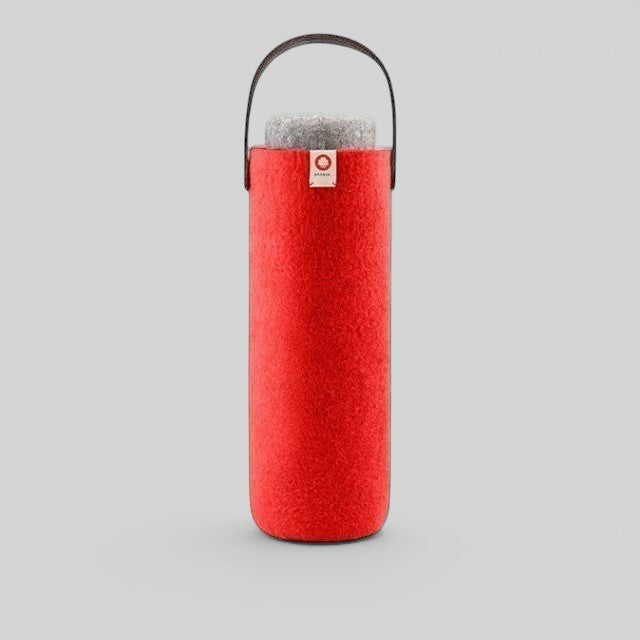 Baabuk Swiss Red wool wine cooler with a leather carrying strap for portable, ice-free bottle insulation.