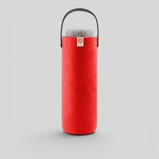 Baabuk Swiss Red wool wine cooler with a leather carrying strap for portable, ice-free bottle insulation.