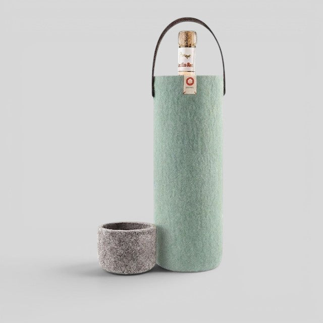 Baabuk turquoise wool wine cooler with leather strap and a small grey wool cup