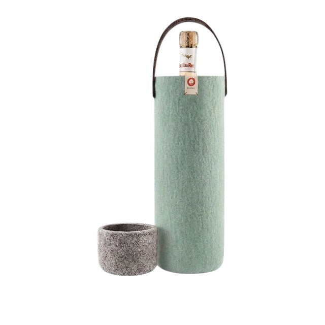 Baabuk turquoise wool wine cooler with leather strap and a small grey wool cup