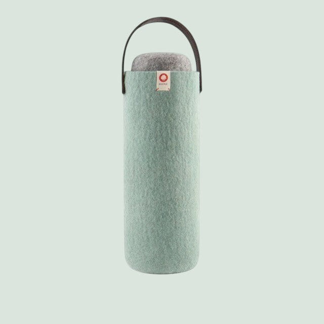 Baabuk turquoise wool wine cooler with leather handle and grey top, keeps wine chilled for 4 hours.