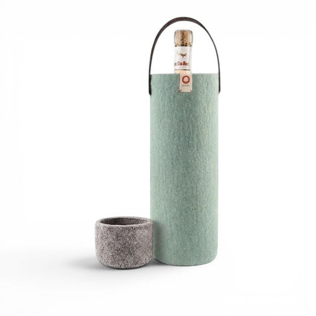 Baabuk turquoise wool wine cooler with a leather strap, designed to keep wine chilled for up to 4 hours.