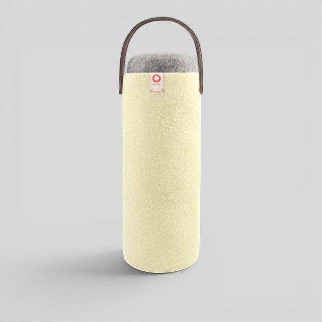 Baabuk yellow wool wine cooler with grey top and leather handle, keeps wine chilled for 4 hours.