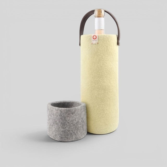 Baabuk yellow wool wine cooler with leather handle and a grey wool coaster.