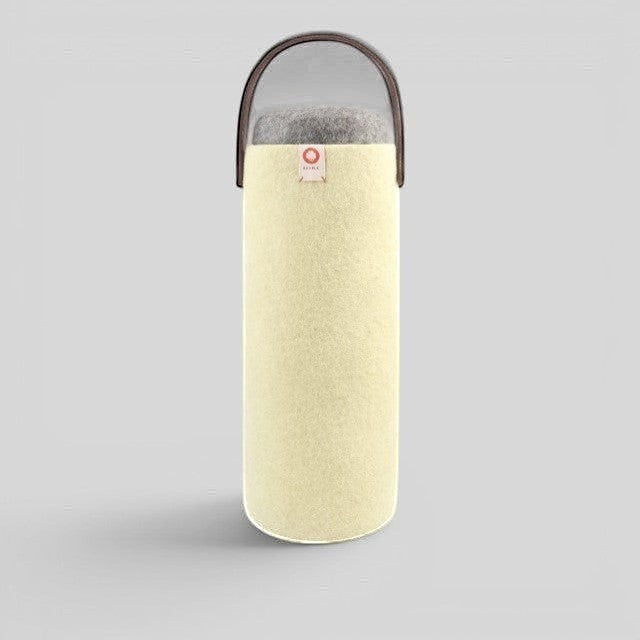 Baabuk yellow wool wine cooler with a brown leather handle, designed for eco-friendly, ice-free bottle insulation.