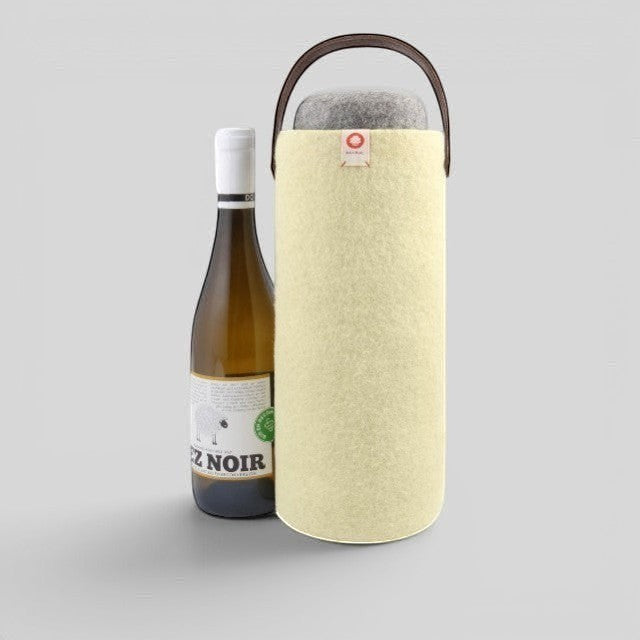 Baabuk yellow wool wine cooler with a brown leather handle, keeping a wine bottle chilled for outdoor use.