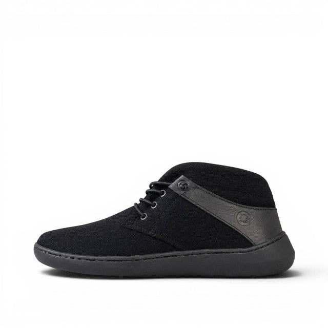 Baabuk Zero Wooler High black barefoot shoe with wool upper, nubuck leather details, and flat rubber sole.