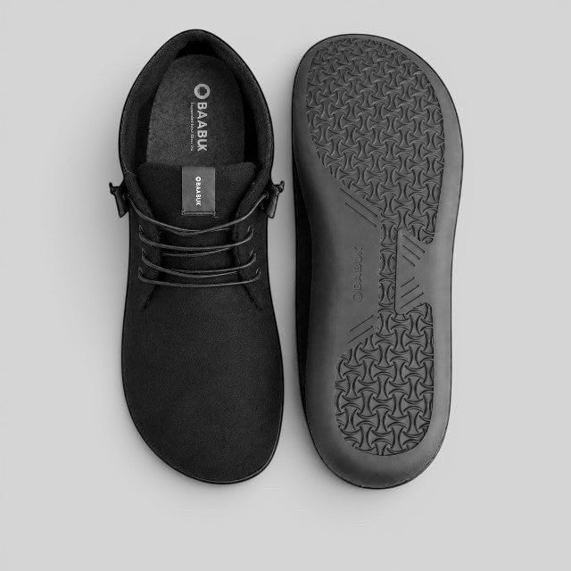 Baabuk Zero Wooler High black barefoot shoe with wool upper and durable rubber sole, top-down view.