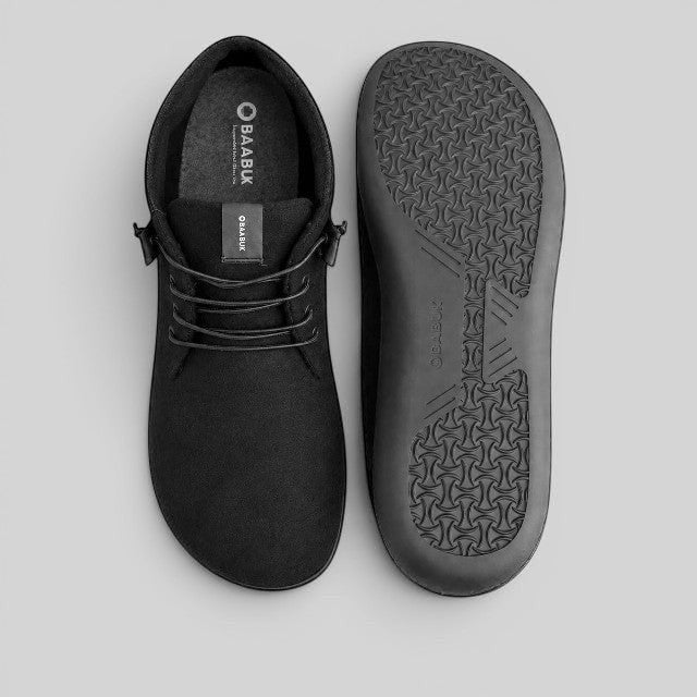 Baabuk Zero Wooler High black barefoot shoe with wool upper and durable rubber sole, top-down view.