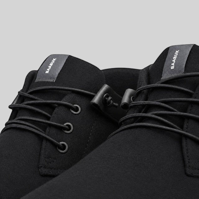 Baabuk Zero Wooler High black barefoot shoes featuring premium wool upper, nubuck details, and black cotton laces.
