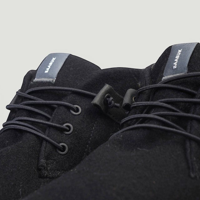 Baabuk Zero Wooler High black wool boots with laces and ankle support. Barefoot style shoe.