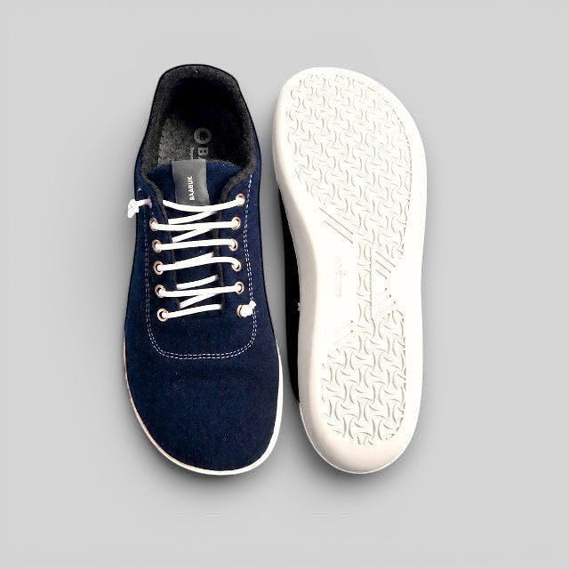 Baabuk Zero Wooler Low navy blue barefoot shoes with wool upper, white laces, and durable rubber sole