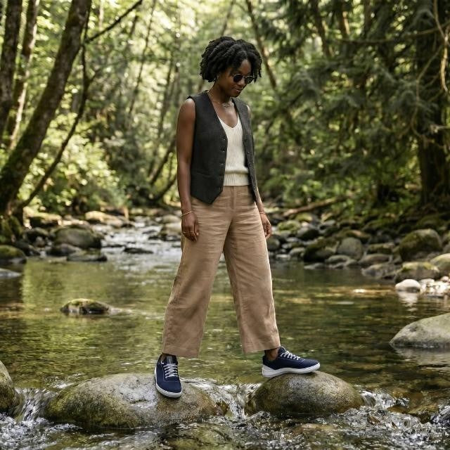 A woman wearing Baabuk Zero Wooler Low navy blue wool barefoot shoes while standing on rocks in a forest stream.