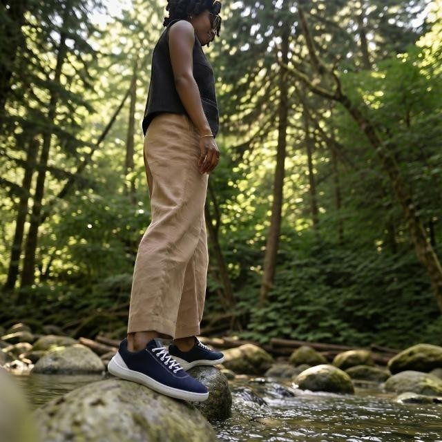 Baabuk Zero Wooler Low navy blue wool barefoot shoes worn by a woman standing on a rock in a forest stream