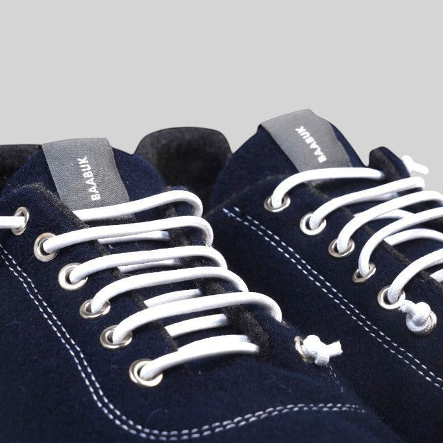 Baabuk Zero Wooler Low barefoot shoes in navy blue wool with white laces and branded tongue labels