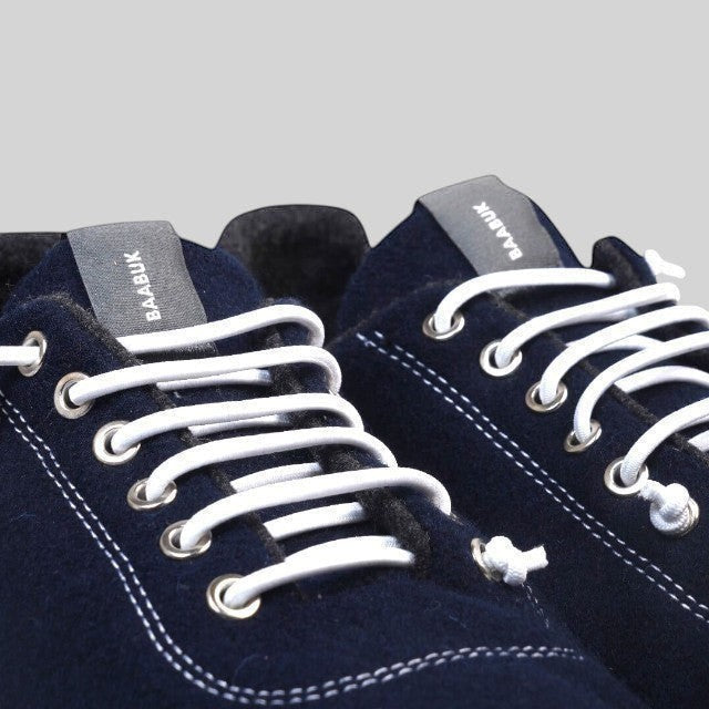 Baabuk Zero Wooler Low barefoot shoes in navy blue wool with white laces and branded tongue labels