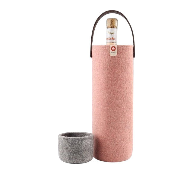 Baabuk blush pink felt wine bottle carrier with handle and matching coaster